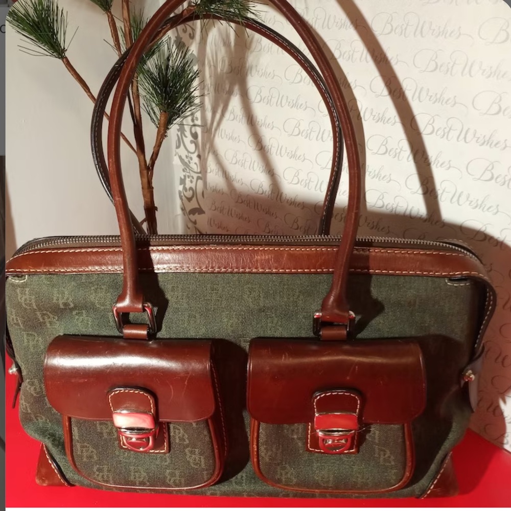 DOONEY & BOURKE Green DB MonogramCanvas Leather Trim Satchel Purse used lightly